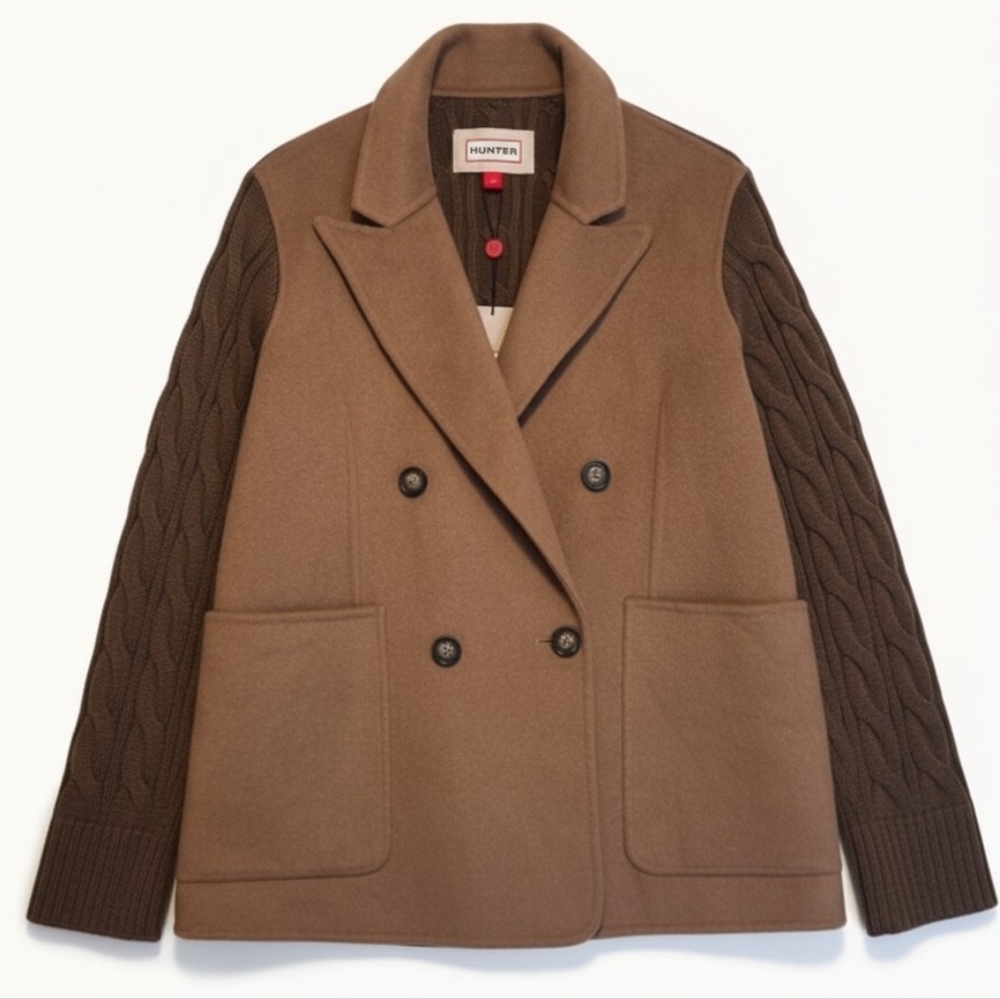 NWT Hunter Quiet Luxury Wool-Blend Knit & Felted Hybrid Blazer Jacket Brown